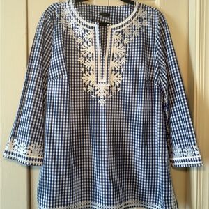 Talbots Blue and White Gingham Embroidered Tunic